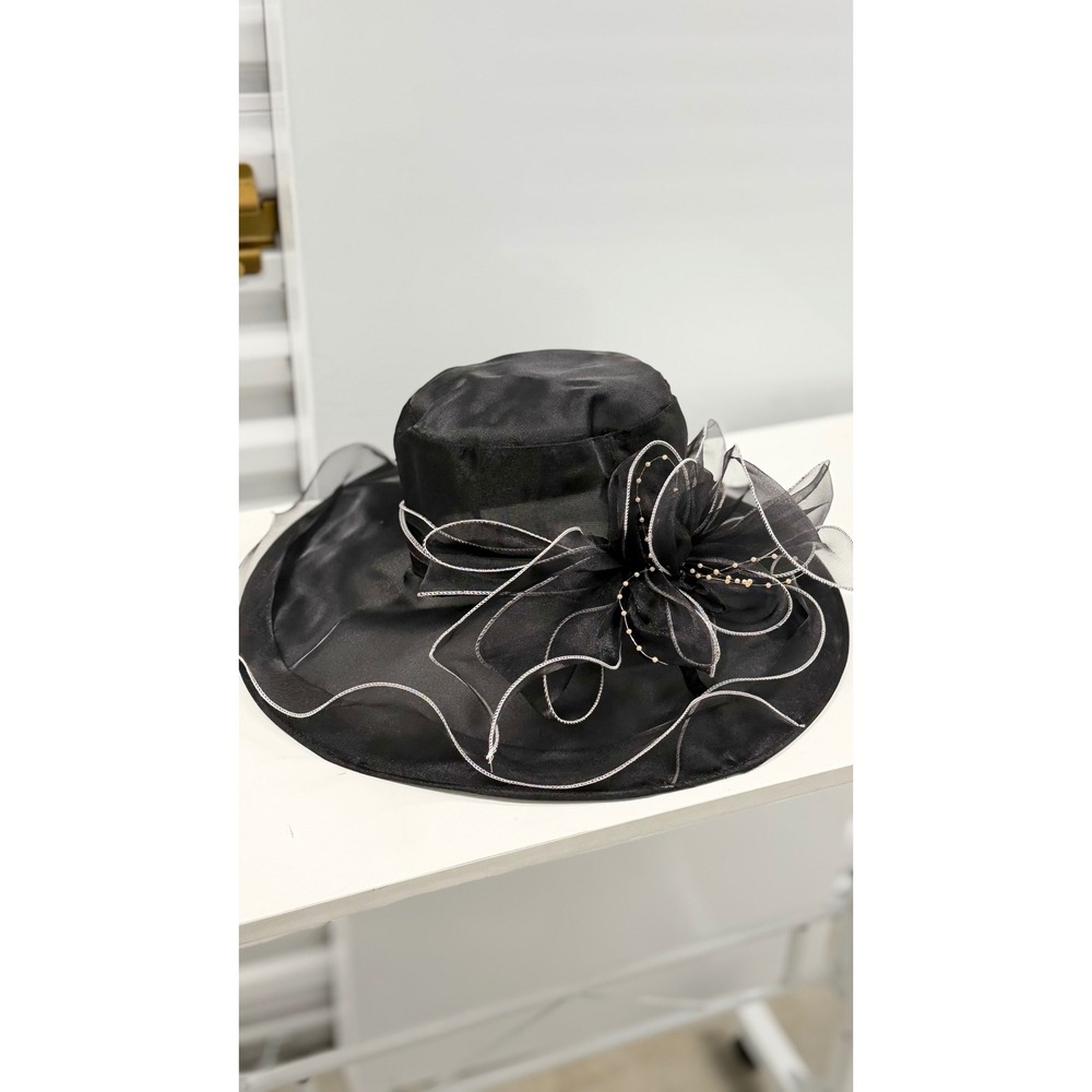 Womens Black Organza Wide Brim Sun Hat Church Wedding Tea Party Flower Detail